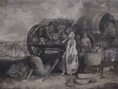 After James Ward RA (1769-1859), engraved by William Ward - ‘A Vegetable Market’, a copper plate engraving, together with Arthur Weaver - ‘Safely on’, a coloured golfing print, signed in pencil, largest 48 x 62cm. Condit